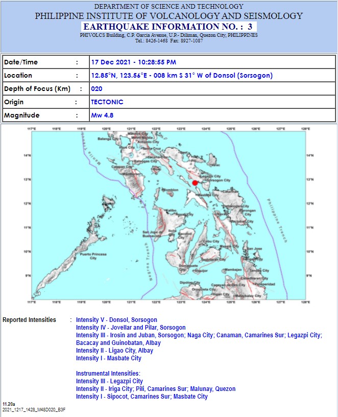 菲律宾索索贡省发生4.8级和4.1级中强震