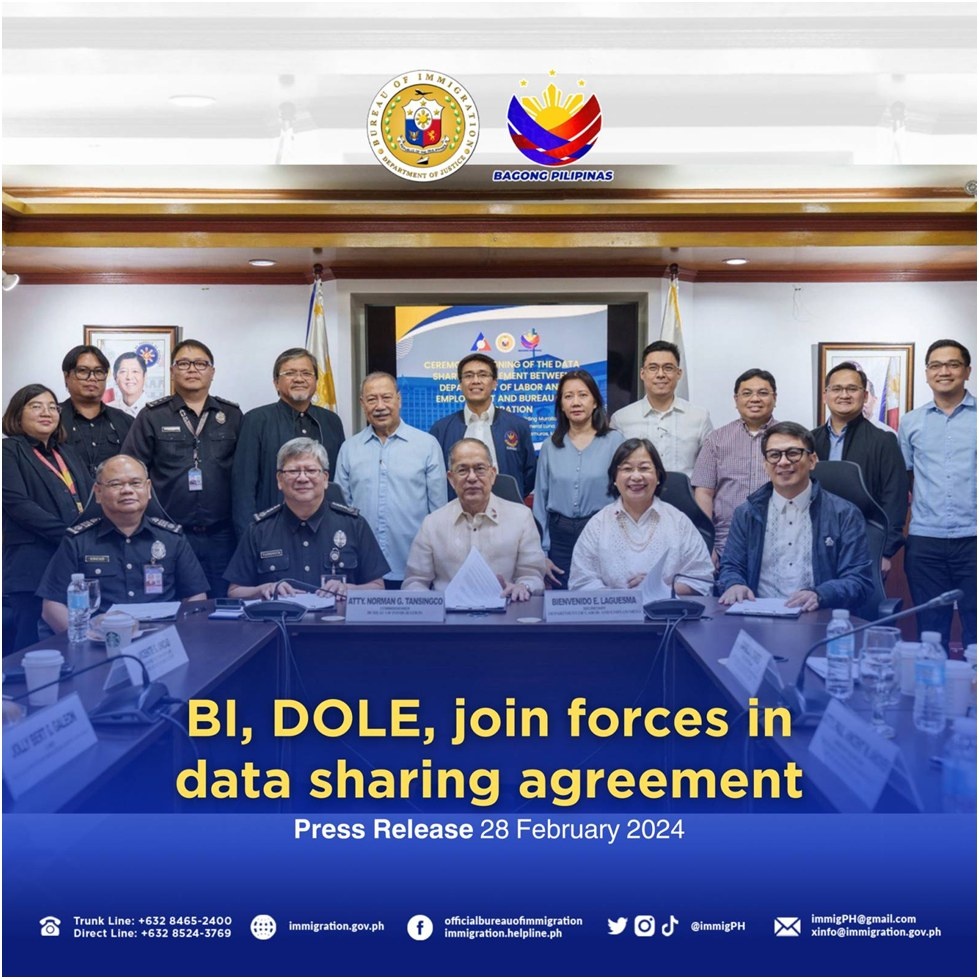 菲律宾移民局与劳工部签署数据共享协议 加强打击非法移民